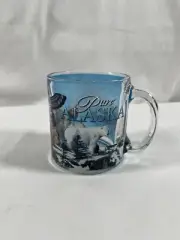 New PURE ALASKA Clear Glass with Blue Coffee Mug Cup Moose & Polar Bear #187