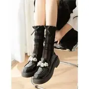 Bow Lace Flower Trim Socks Black - One Size