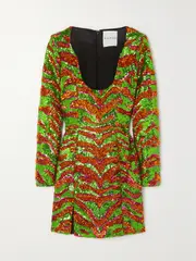 [HALPERN] HALPERN - Sequined Zebra-print Tulle Mini Dress - Green - FR 38 FR 38 Green