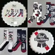 NIP Pabst Blue Ribbon 4 Pk Crew Socks Sz 12+Up Wall Hanging Bottle Cap Included