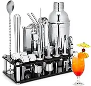 Mixology Bartender Kit Bar Set Cocktail Kit, 23PCS Cocktail Shaker Kit with Acrylic Stand for Drink Mixing, Silver Bartender Tool Kit