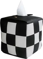 Tissue Box Cover, Square PU Leather Tissue Box Holder with Metal Buckle, Checker