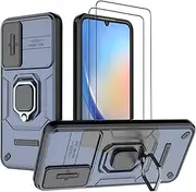 [DERHAN] Case for Samsung Galaxy A34 5G, Armour Case with Protective Film [Pack of 2] + Slide Camera [Camera Protection], Protective Case, Shockproof Mobile Phone Case with Ring Stand - Blue