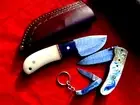 DROP POINT Knife_7.5" Folding+ 7" Straight Camel Buffalo DAMASCUS Hunting/Knives