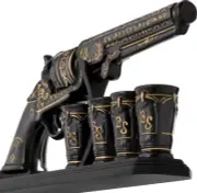 Ceramic Decanter Set 17oz with 4 Shot Glasses Tequila Whiskey Gun Pistol Bottle