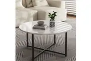 DREAMO Round Coffee Table with Black Legs White Marble Effect