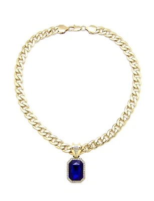 SQUARE BLUE SAPPHIRE COLOR PENDANT WITH 11mm 18" CUBAN CHAIN