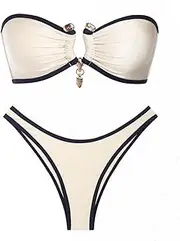 seamoly Ruched U-Ring Metal Tied Back Bandeau Top & Brazilian Bottom Bikini Set
