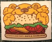 VTG 80s MELLO SMELLO Scratch & Smell BAR B.Q. HAMBEARGER Hamburger Sniff Sticker