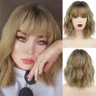 Short Curly Bob Wig With Bangs Wavy Synthetic Cosplay Bob Wig Ombre Brown Wigs
