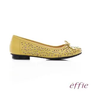 【effie】都會舒適 全真皮鏤空金箔蝴蝶結飾平底鞋(黃)