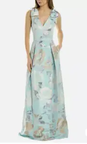Aidan Mattox Floral Seaglass Jacquard V Neck Gown size 2 NWT