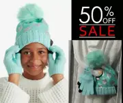 Justice Girls Sequin Beanie Hat with Pom and Gloves, 2-Piece Set GREEN NEW