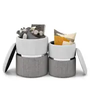 Costway 2PCS Round Storage Ottoman Linen Fabric Vanity Stool Upholstered Chair Living Room Bedroom w/Stainless Steel Hoop Grey