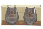 set of 2 christmas rhinestone jeweled holiday gingerbread stemless wine glasses