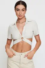 Beige Crop Top Short Sleeve - Size 14, Women's Semi Crop