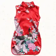 Summer Girl Kids Silk Dress Cheongsam Chinese Qipao Peacock Party Short Dresses
