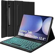 FARYODI Keyboard Case for Samsung Galaxy S10 Plus and Tab S9 FE+ 5G (12.4-inch), Detachable Magnetic Wireless Keyboard with 7 Color Backlit for Galaxy Tab S9 Plus, Smart Folio with S Pen Holder, Black