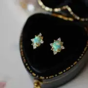Vintage Sterling Silver Fire Opal Starburst Stud Claw Post Dainty Earrings Gift