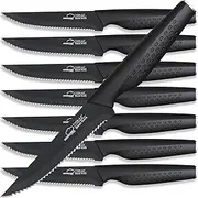 Amorston Steak Knives Set of 8, Stainless Steel, Serrated, Dishwasher Safe, Elegant Black