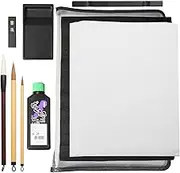 Japanese Calligraphy Set 9 Parts | Shodo Calligraphy Pen (Three Brushes) and Paper, Inkstone and Ink Stick, Non Slip Underlay, Paperweight, with Clear case (Black Edge/Clear case)