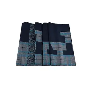 【BALLY】經典字母LOGO藍灰格紋設計羊毛圍巾(深藍x灰格紋)