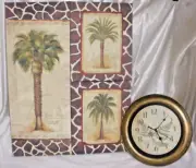 Set of 3 Signed Abstract Art Landscape oil painted Canvas Wall w/ wall clock
