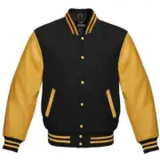 Varsity Jacket Letterman Baseball Bomber Style Black Wool Blend & Gold Sleeves
