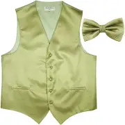 New formal men's tuxedo vest waistcoat & bowtie horizontal stripes sage green
