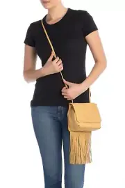 HOBO INTERNATIONAL THE ORIGINAL BILLOW FRINGE SHOULDER LEATHER BAG BUFF BROWN