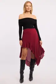 Red Frill Skirt High Waisted High Low Midi - Size 16XL, Women's Midi Skirt