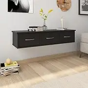 Wall-Mounted Shelf with Hanging Frame, Elm Wood Drawer Shelf for Living Room, Shelves for Keys, Black Engineered Wood, 88x26x18.5 cm