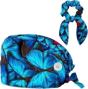 [FVQL] 1PCS Nursing Caps for Women, Scrub Cap with Hair Scrunchy, Floral Pattern Animal Butterflies