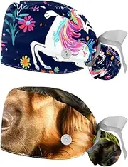[YTYVAGT] 2-Pc,Nurse Scrub Caps,Scrub Hats with Buttons and Cotton Sweatband,Colorful Unicorn Purple