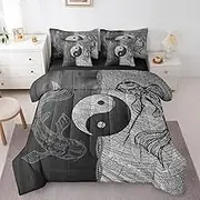 Tai Chi Queen Bedding Set 7 Pieces,Japanese Tradition Koi Fish Yin Yang Theme Comforter Set with Sheets for Kids,Vintage Black Gray Wooden Plank Board Patchwork Bed Set in a Bag with Pillow Covers