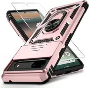 Weycolor for Google Pixel 7 Case with Camera Lens Cover, HD Screen Protector, 10 FT Military Grade Drop Protection, Magnetic Ring Holder Kickstand Protective Phone Case, Rose Gold