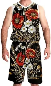 [KQNZT] Basketball Jersey with Shorts, Jerseys for Men, Men's Lightweight Rec Tanks, Vintage Painting Chamomile Wheat Ears Floral