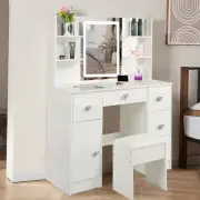 Modern Dressing Table 5 Drawers Makeup Desk and Stool Set with LED Lights Mirror