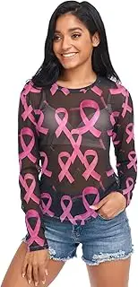 [RPLIFE] Pink Ribbons Black Mesh Shirt Long Sleeve, Sheer Sleeve Top S-XXL