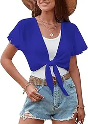 [ZAFUL] Women's Chiffon Cropped Bolero Sheer Shrugs for Dress Short Sleeve Tie Front Cardigan