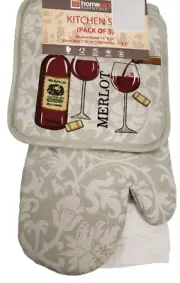 3pc Set: POT HOLDER,OVEN MITT & TOWEL,WINE BOTTLE,2 CORKS, 2 GLASSES & GRAPES,HS