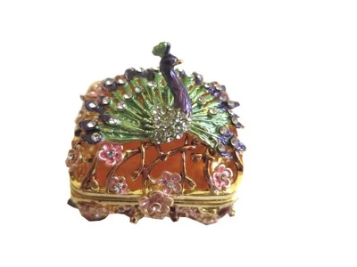 1 Bejeweled Box Peacock Box Hinged Metal Enameled Crystal Trinket Box