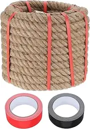 sourcing map Jute Rope 1 Inch x 59ft, Heavy Natural Thick Twisted Rope with 2 Roll Tapes for Crafts Railing Docks Tug of War Swing Nautical Landscaping