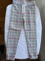 New Janie & Jack plaid pull on pants Size 5 split ankle with gold buttons