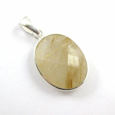 Bezel Gem Pendant with Bail-Gold Rutilated Quartz Sterling Silver Oval 28mm
