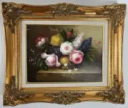 Oil on Canvas Painting - Classical Floral Composition in Ornate Gold Frame