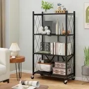 Costway4-Tier Foldable Storage Shelf with Lockable Wheels-Black