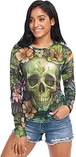 [AIXIWAWA] Skull Wings Women's Long Sleeve Mesh Sheer Top, Sexy See-Through Blouse for Party, Evening Wear S