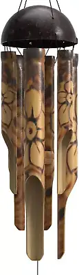 Bamboo Wind Chimes - Outside Outdoor Wooden Windchimes, Small, Floral Burned,