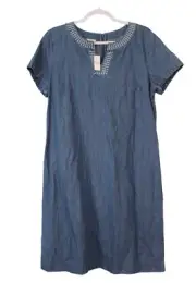 NWT Talbots Dress Sz 14 Blue Chambray Denim Split Neck Embroidered Boho Coastal